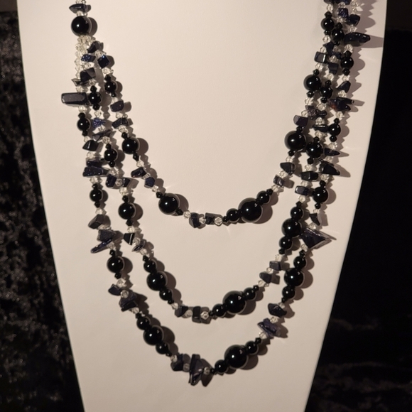 Triple Strand Black Glass Bead, Clear Bead and Black Stone Necklace - Picture 8 of 10